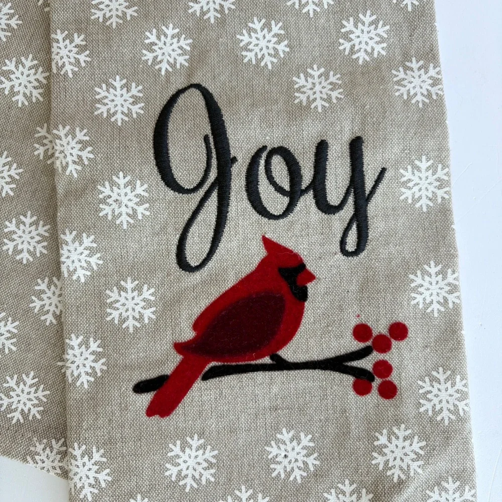 Joy Cardinal Christmas Tea Towel Snowflake Embroidered Holiday Kitchen Towel